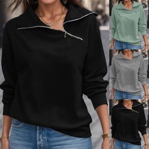 Kadın Hoodies Sweatshirt Kadınlar için 2024 Sonbahar Düz Renkli Fermuar Yüksek Yaka Genç Kızlar Moda gevşek Korece