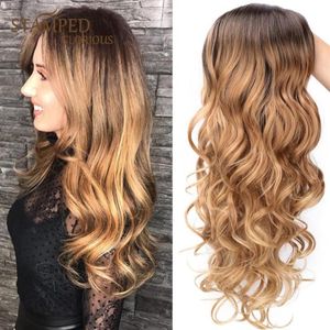 24inch human hair wigs honey brown weave ombre braiding Natural Long Curly Blonde Heat Resistant Middle Part Synthetic wigs for Wo1334937