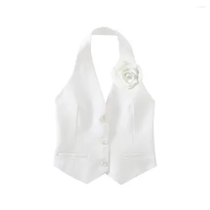 Kvinnors västar ärmlös gröda västtoppar 2024 Kvinnor Koreanska mode Single Breasted Flower Design White Halter Vest Jackor Office Ladies