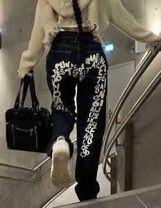 سراويل جينز للسيدات Harajuku جينز مطبوعة مع جينز y2k جديد Womens Writ Pants Street Clothing Black Wrap Pants Hip-Hip Hip Wide Bants Straight Retro Style J240217