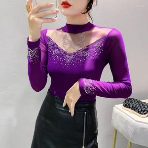 Women's T Shirts 2024 Fall Winter European Style T-Shirt Chic Sexy Patchwork Diamonds Women Tops Long Sleeve Pullover Drilling Tees 39304