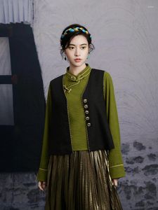 Abbigliamento etnico Stile cinese Top con bottoni con nodo Splendido abito da donna in lino e cotone retrò oro nero Elementi Han invernali