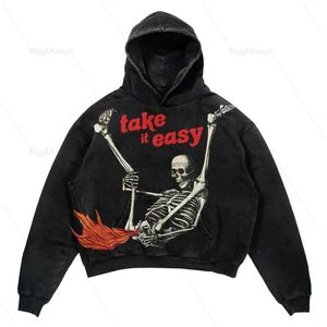 Erkek Hoodies Sweatshirts Hip Hop Komik Kafatası Ateş Baskı Hoodies Kadın Sokak Giyim Büyük Boyu Büyük Boyutu Vintage Çiftler Sweatshirt Goth Harajuku Y2K TOPS T240217