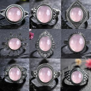 Klusterringar S925 Sterling Silverring för kvinnor Oval Round Natural Rose Quartz Ring Gift Sun Shaped Retro Luxury Fine Jewelry