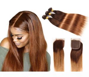Brasiliansk jungfru rakt hårväv med stängning ombre mänskliga hårbuntar med stängning färgad två ton 4 30 blond människoleg6401527