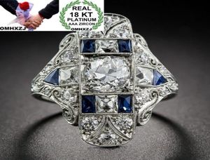 Omhxzj toda a moda europeia mulher homem festa de casamento presente retângulo topázio azul zircão 18kt anel de ouro branco rr6209839621