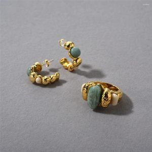 Stud Earrings 2024 Ins Influencer Fashion Natural Amazonite Ear Circle Hoop Blue Stone Lapis Amazonstone Pink Coral Ring Jewelry Set