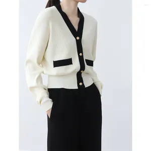 여성용 니트 흰색 니트 가디건 점퍼 한국 패션 통근 단일 색상 단일 브레스트 v- 넥 짧은 소프트 스웨터 재킷 탑