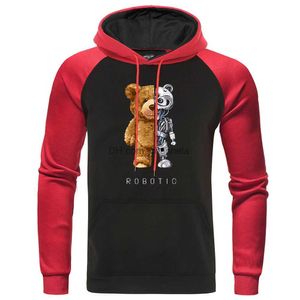 Moletons masculinos Moletons Novo Engraçado Teddy Bear Robot Robotic Bear Hoodie Mens Moda Crewneck Roupas Outono Raglan Moletons Pulôver Fleece Hoodies T240217