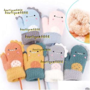 Party Favor Mitten For Children Cute Cartoon Dinosaur Warmer Thick Knitted Mittens Baby Hanging Neck Winter Glove Soft Kids Gloves 2024 Dhmty Designer Gloves