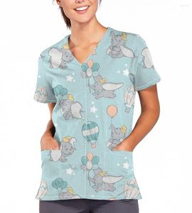 Women's T Shirts Elephant Pattern Beauty Salon Work Clothes Spa Care Pocket V-Neck Print Scrub Top Summer Uniform