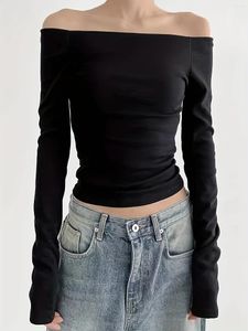 Женские футболки, однотонная футболка с открытыми плечами, стильная укороченная футболка с длинными рукавами для весенне-осенней одежды