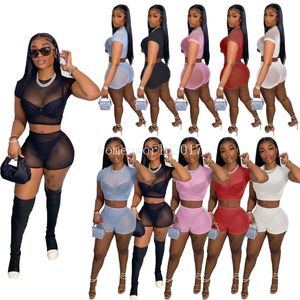 2024 Designer Summer Tracksuits Mesh Two Piece Set Women Outfits Sexy Crop Top and Shorts See Through Sportswear Sheer Clothes Night Club Wear Wholesale Clothes