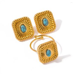 Necklace Earrings Set Youthway 18K Gold Plated Stainless Steel Turquoise Square Thin Ring For Women's Textured Jewelry