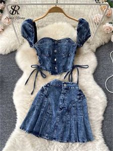 Dwuczęściowa sukienka Singreiny 2023 Vintage Denim Sets Kobiety z pasków na ramię Mini top+plisowana krótka moda moda Summer Sexy Dwa kawałki garnitury J240202