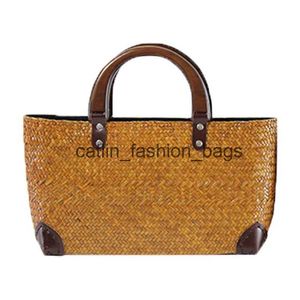 Totes artesanal palha tecido saco rattan arte retro férias praia tecido feminino alça de madeira portátil rattanh24217