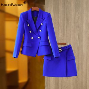 Harleyfashion lindo design feminino 2 pçs blazer ternos cor sólida verão azul saia gêmeo conjuntos mini roupas de rua para senhora 240202