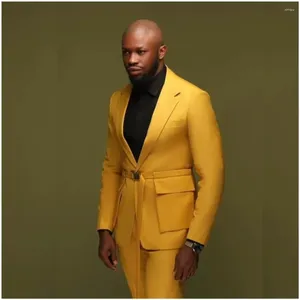 Men's Suits Elegant Yellow 2 Piece Pocket Design Single Breasted Blazer Terno Smart Casual Jacket Pants Slim Fit Costume Tailor