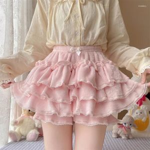 Shorts femininos multicamadas velo mulheres outono arco elástico cintura guarnição kawaii bottoming lolita solto grosso para meninas doces