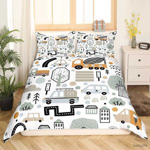 Bedding sets Equipment Trucks King Queen Duvet Cover Downtown Pattern Bedding Set for Boys Public Vehic Urban Road Blue Polyester Quilt Cover