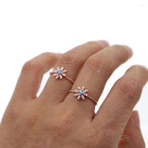 Cluster Rings Blue Opal Jewelry Rose Gold Color Dainty Shiny Austrian Crystal Daisy Flower Ring Cute Girl Women Elegance Wedding