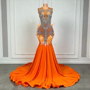 Long Orange Fitted Mermaid Prom Evening Dress 2024 Silver Beaded Rhinestone African Black Girls Satin Luxury Prom Gala Gowns