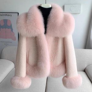 Pele feminina moda imitação de grama casaco curto 2024 gola de lã peluda engrossado quente para o inverno rosa