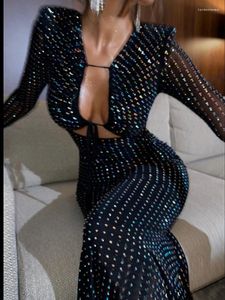 Casual Dresses Black Sequin Hollow Out Sexy Dress Women Robes Elegant Evening Party Bodycon Maxi Long Winter Vestido