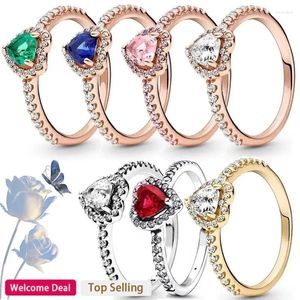 Cluster Rings 925 Sterling Silver Ring Red Heart Colored Crystal Fits Original Bracelet DIY Women's High Quality Jewelry Gift