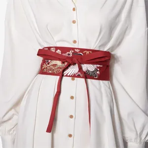 Belts Chinese Style Women's Wide Waistband Beautiful Embroidery Crane Adjustable Dress Belt Japanese Kimono Obi Hanfu Accessories