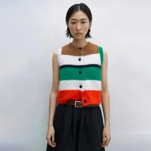 Women's Vests Women Early Spring Striped Color-blocked Knitted Round Neck Single-breasted Versatile Warm Vest