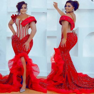 2024 Plus Size Aso Ebi Prom Dresses Mermaid Red Lace Evening Gowns Formal Dress Rehinstones Beaded Illusion Birthday Party Dress Engagement Dresses AM398