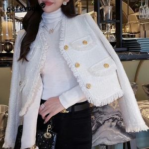 Mulheres estilo francês elegante design de luxo borla botão cardigan jaqueta primavera outono moda v pescoço branco manga longa solto casaco 240124
