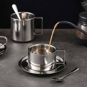 Mugs 304 Stainless Steel 3Pcs/set Coffee Cups Tray Stirring Spoon Double Wall Insulation Milk Tea Mug European El Drinkware Set