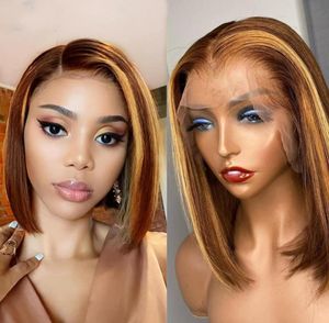 Highlight Wig 13x4 HD Transparent Straight Ombre Bob Wig Ombre Brown Honey Blonde Short Bob Lace Front Wig4256147