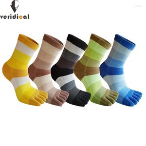 Men's Socks 5 Pairs Man Finger Combed Cotton Thick Sweat-Absorbing Striped Young Fashion Party Dress Long Toe Happy 4 Seasons