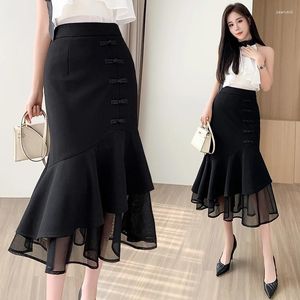 Skirts Fishtail Skirt Halfbody For Women Spring/Summer 2024 High Waist Mid Length Irregular Mesh Splice Wrapped Hip