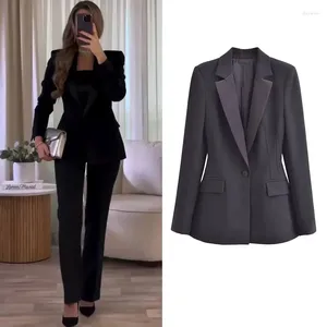 Ternos femininos smoking-estilo blazer define calça preto cetim outerwears mulher mangas compridas casacos feminino outono lapela jaquetas