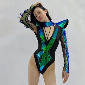 Stage Wear Tech Style Donna Gogo Dancer Costume Verde Blu Laser Spalla esagerata Body Nightclub Dj Rave Outfit XS6988