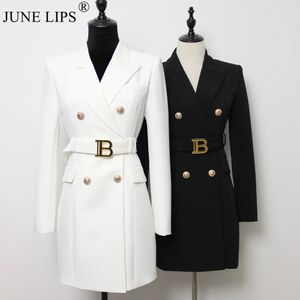 JUNE LIPS Top Quality Women Blue White Red Green Brown OL Office Blazer Dress with Belt Spring Design Luxury Buttons 240127