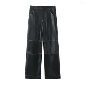 Women's Pants Woman Faux Leather Black High Waist Baggy Chic Topstitch Straight Trousers 2024 Autumn Casual Wide Leg