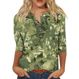 Camiseta feminina casual 3/4 manga camiseta moda botão em torno do pescoço solto topos folha camuflagem impressão primavera diariamente