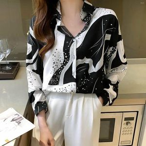 Kvinnors blusar Autumn Spring Women Shirts Black White Patchwork Print Fashion Loose Long Sleeve Chiffon Shirt Casual Vintage Blouse Kvinna