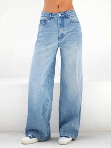 Jeans femininos cintura alta denim bolso jeans mulheres roupas de rua casual lento denim jeans retro azul calças completas oversized melhores calças retas J240217