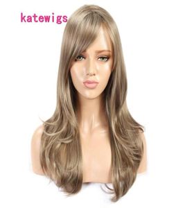 Синтетический длинный светлый парик, блондинка, смешанный коричневый цвет, натуральные волнистые парики для женщин с челкой, косплей, прическа 64699114130939