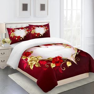 Conjuntos de cama Rosa Vermelha Romântica Flor de Ouro Menina Crianças Quilt Durex Full King Size 3 Pcs Duvet Cover Linho Set Colcha 200x200 240x220