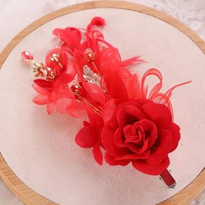 Hair Clips FORSEVEN Red Flower Leaf Feather Shining Crystal Hairpins Headpieces Bride Noiva Wedding Dress Jewelry Accessories