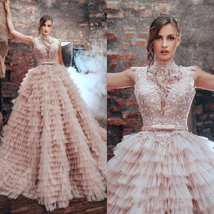 Classic Women Evening Dresses High Collar Sleeveless Prom Gowns Appliques Tiered With Belt Sweep Train Dress For Party Custom Made