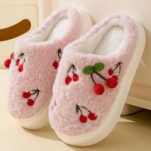 Hausschuhe Frauen Kirsche Flauschigen Herbst Winter Warme Baumwolle Rutschen Schuhe Schlafzimmer Plüsch Slipper Casual Damen 2024