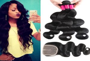 7A brasiliansk peruansk indiska malaysiska hår 3buntar med spetsstängning obearbetad Remy Human Hair Weave Brasiliansk kroppsvirgi3049749